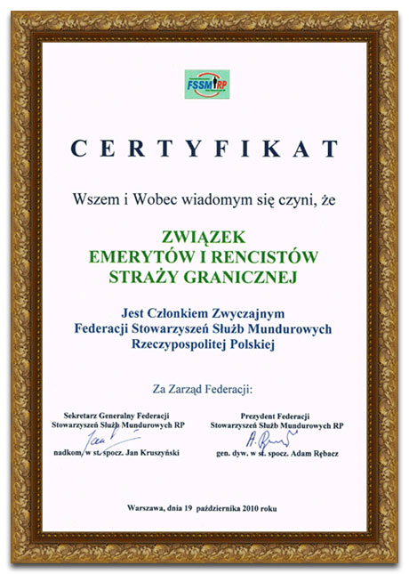 Certyfikat członkostwa ZEiRSG w FSSM